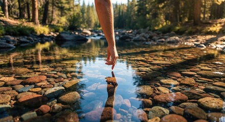 Person Reaching Hand Into Clear Stream Surrounded By Nature in Bright Sunlight with Reflections of Trees