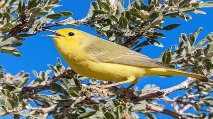 Yellow Songbird Perched on Green Leafy Tree Branch Under Bright Blue Sky