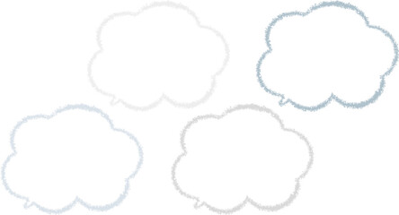 Fototapeta premium 黒からグレーにかけてづ古碑ずつ色が違う雲の形のふきだしセット。クレヨンで描かれたかわいいふきだし。らくがき風。手描き風。