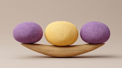 Colorful stones balanced on a wooden curve, symbolizing harmony, stability, and tranquility in design aesthetics and minimalist art compositional beauty