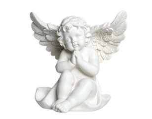 White cherubic figurine with folded hands and feathered wings