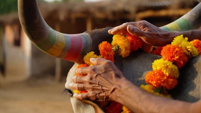 Close-up of a farmer's hands garlanding a bullock with marigolds and turmeric on mattu pongal day in a rural farmyard, honoring cattle for their labor concept of gratitude to animals and agrarian life