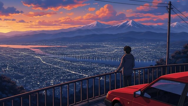 Retro Anime Style Illustration of a Boy Watching the Sunset over a City View with Mountains