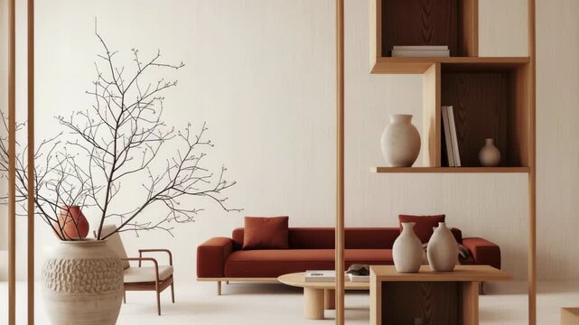 Serene modern living room with warm wood accents, terracotta sofa, and sculptural decor creating tranquil ambiance 4k high quality footage
