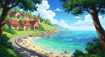Anime Illustration of a Scenic Coastal Village on a Hillside, with Red-Roofed Houses Overlooking a Turquoise Ocean and Sandy Beach