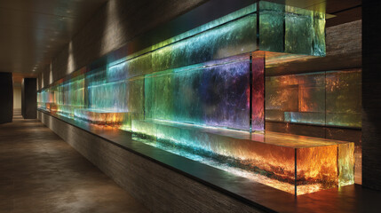 Layered glass facade wall with prismatic rainbow bands, futuristic architectural perspective