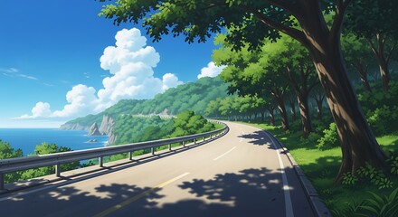 Winding Coastal Road with Lush Green Mountains and Ocean View under Blue Sky in Anime Style Illustration