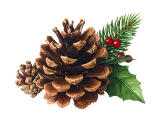 Fototapeta premium Two pinecones, evergreen branch, and holly leaves on black