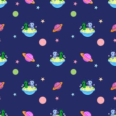 Cute Robot and Alien Friendship on Floating Islands Seamless Pattern, Whimsical Space Vector Background with Planets and Stars for Kids Textile Design