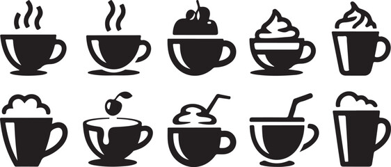 A collection of hot chocolate mug silhouette icon set. simple design black color and white background