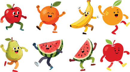 Obraz premium Set of Cute Happy Anthropomorphic Fruit Cartoon Characters Running and Cheering Illustration