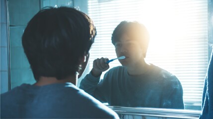 Young Boy Brushing Teeth in Bright Bathroom with Mirror and Sunlight