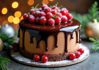 Luxury Christmas chocolate cake with glossy frosting and red berries, set against a festive background of bokeh lights and holiday tinsel.