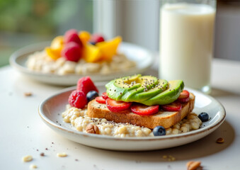 Vegan breakfast featuring oatmeal with chia seeds, avocado toast topped with fruits and berries, and a glass of plant milk in the horizontal background.