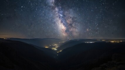 Witness the sublime beauty of the Milky Way galaxy brightly arcing across a vast, dark night sky, providing a stunning celestial backdrop to a serene, illuminated valley below