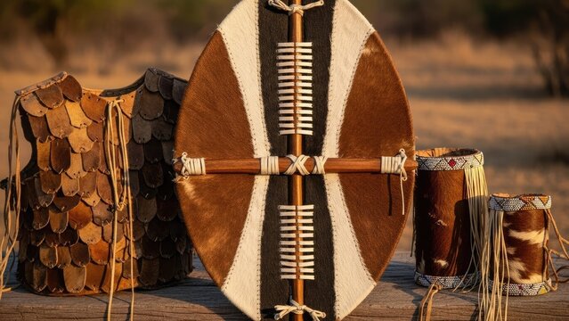 Traditional African Zulu shield and cultural artifacts displayed outdoors.