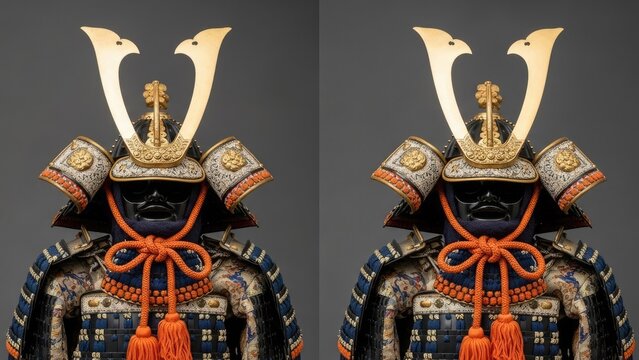 Traditional Japanese Samurai Armor with Golden Helmet Ornaments.