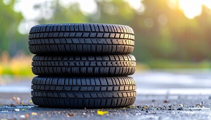 Row of car tires on wet asphalt with cloudy sky and sunlight in background, showcasing tread variety.