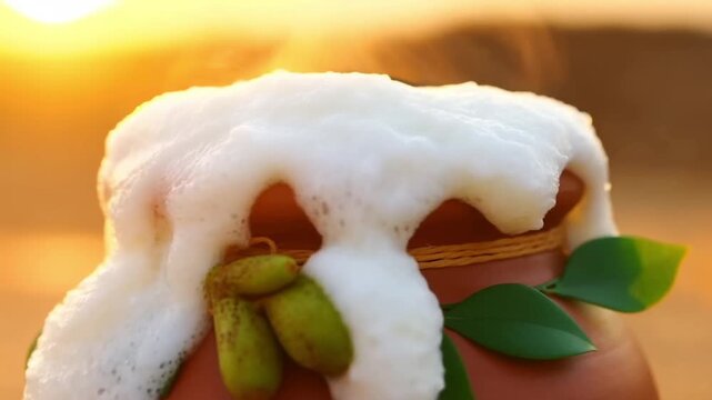 Slow-motion close-up of a decorated clay pot as the pongal rice and milk mixture boils over at sunrise, symbolizing abundance and prosperity in tamil culture concept of harvest thanksgiving 