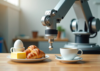 Robotic arm pouring coffee . Minimal morning breakfast scene with fresh croissants, eggs and coffee.  Concept of robots in everyday life