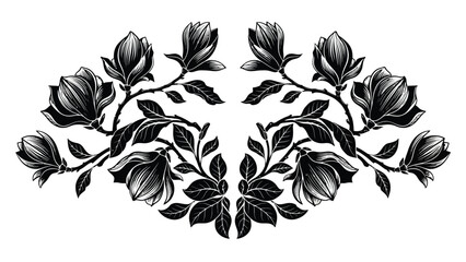 Elegant black and white floral arrangement depicting magnolia blossoms and leaves © Siam Studio