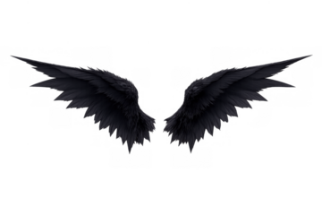 Dark black feathered wings symbolizing power, freedom, fantasy, and rebellion with a transparent background