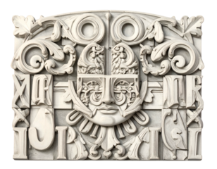 Intricate carved architectural relief with a sun face and ornate details