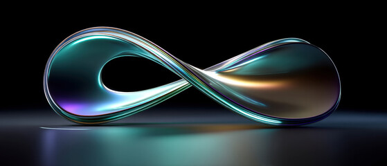 Chrome filament infinity loop sideways figure eight with teal-violet reflections