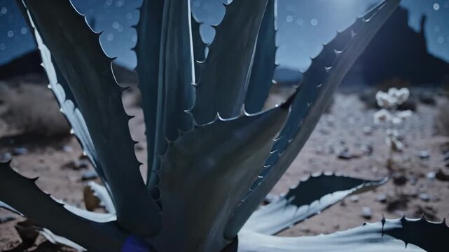 A Spiky Agave Plant Flourishes Under the Starry Desert Night Sky, Revealing Its Stark Succulent Beauty