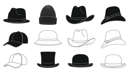 A collection of various hat styles in a black and white illustration