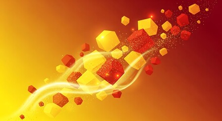 Abstract Cubes Bursting with Energy - Dynamic Flow of Red and Yellow Shapes on Gradient Background.