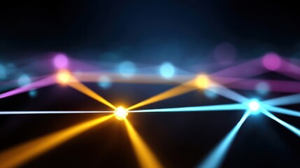Abstract network connections with glowing nodes and vibrant beams of light, representing digital technology and communication in a modern design concept