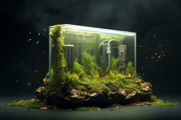 Circuitry and moss creating a symbiotic ecosystem within a clear futuristic enclosure