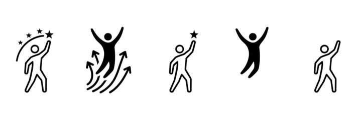 A clean minimalist vector image of a black silhouette figure reaching upward toward a star to symbolize the pursuit of big dreams and personal excellence