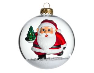 Festive clear ornament with Santa Claus holding a small evergreen tree