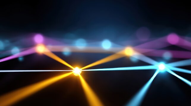 Abstract network connections with glowing nodes and vibrant beams of light, representing digital technology and communication in a modern design concept - Powered by Adobe