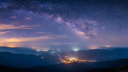 Naklejka premium Breathtaking panoramic view of the Milky Way galaxy arching over a glowing city nestled within rolling hills at night