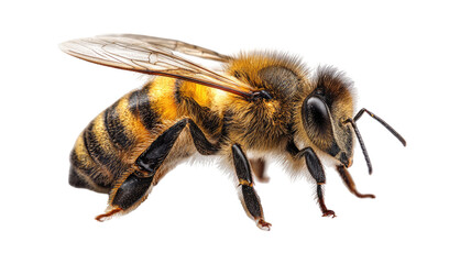 Honey bee macro side view showing detailed wings striped abdomen hairy pollinator insect studio closeup isolated on white background