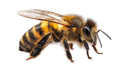Honey bee macro side view showing detailed wings striped abdomen hairy pollinator insect studio closeup isolated on white background