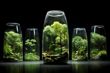 Small self contained worlds featuring trees, plants, and wildlife existing within transparent jars