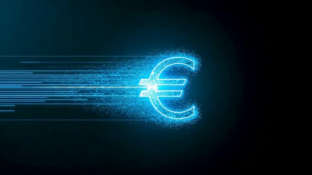 Glowing blue euro currency symbol moving through digital speed line background