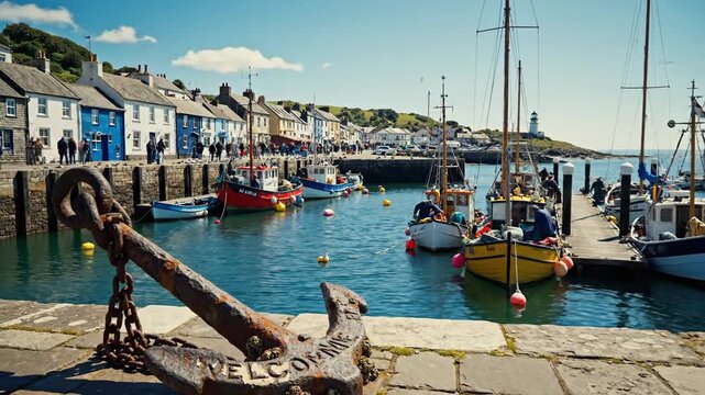 A weathered anchor with 'Welcome' etched into it, overlooking a picturesque maritime harbor filled with fishing boats and coastal town buildings.