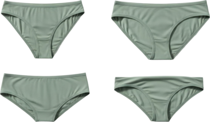 Four pairs of light green womens underwear neatly arranged on a white background.