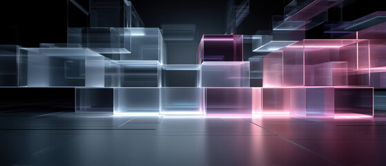 Asymmetric Cluster of Glowing Blue and Pink Glass Panels with Floating Rectangles in Dark Void
