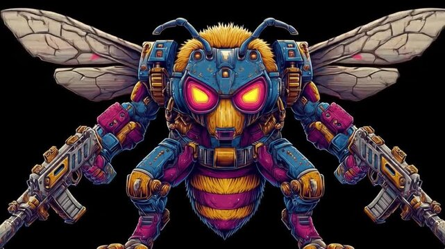 Steampunk robotic bee armed with guns isolated on black background