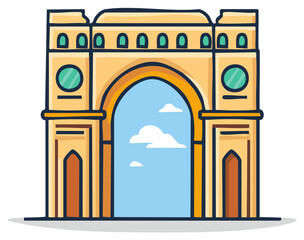 Fototapeta premium Stylized building illustration with arched gateway and blue sky view