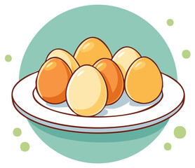 Plate of colored eggs cartoon illustration, food freshness and healthy eating concept