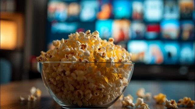 Popcorn in glass bowl in front of TV showing streaming services  