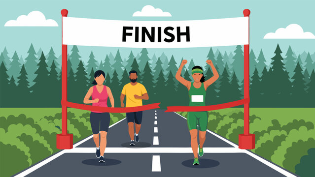 Diverse group of runners crossing the finish line in a marathon, celebrating success and achievement in an outdoor race event