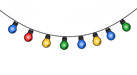 Stylized graphic illustration of glowing c9 christmas led bulbs (ruby, yellow, blue, green) with thick black outlines, centered on a stark white background. Festive decoration concept